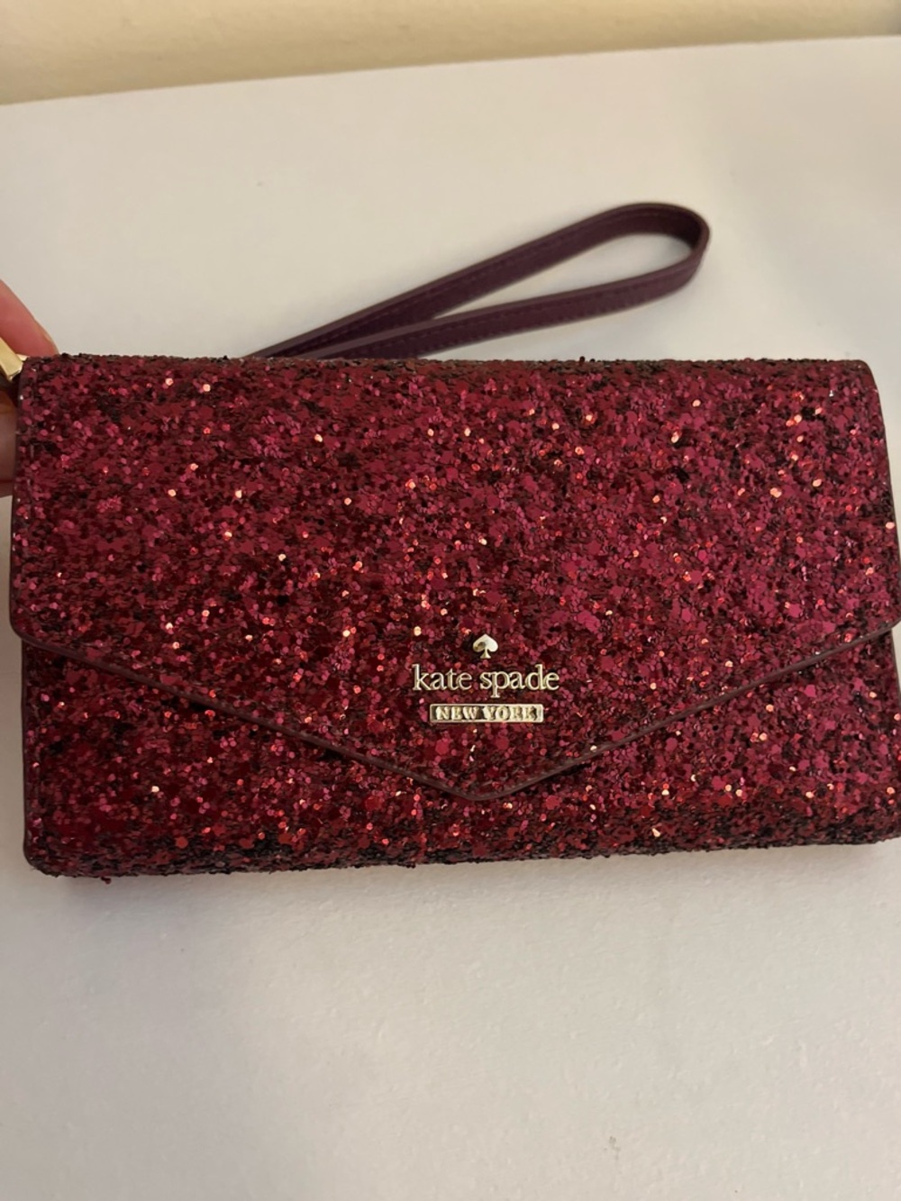 Kate Spade Burgundy Glitter Glimmer Flap Wristlet Wallet
